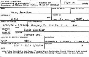 Burial Record for Jonathan Moon (my 4th Great grandfather) for the state of Pennsylvania. 