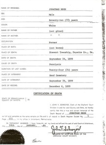Death Certificate - Jonathan Moon - 72 years of age, injured in the War. 